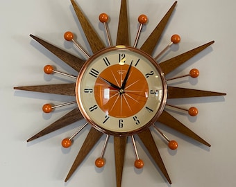 Small 19 inch Hand Made Mid Century style Starburst Sunburst Clock by Royale - Medium Teak Rays Tangerine Welby Dial & Orange Balls