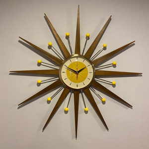 27 inch Hand Made Mid Century style Starburst Clock by Royale - Welby style Goldtone Medium Waxed Teak Rays & 1950's Yellow Dial