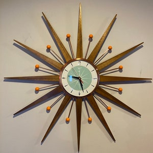 27 inch Hand Made Mid Century style Starburst Sunburst Clock by Royale - Welby style Medium Teak Rays & with Mint Dial