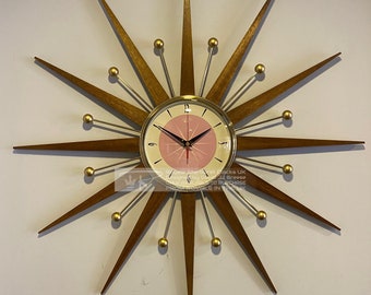27 inch Hand Made Mid Century Modern style Starburst Clock by Royale Medium Teak Rays First Lady Pink & Goldtone