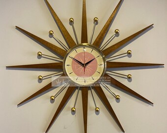 27 inch Hand Made Mid Century Modern style Starburst Clock by Royale Medium Teak Rays First Lady Pink & Goldtone