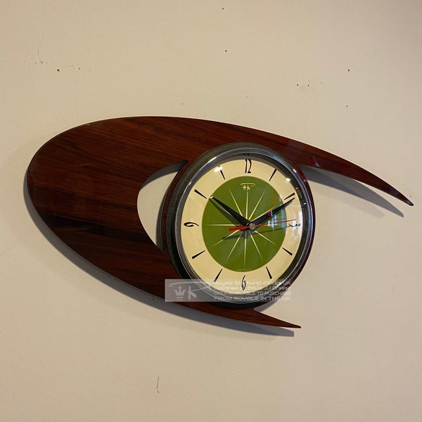 Colour Etched Royalexe Laminate Wall Clock from Royale - Midcentury Atomic Boomerang Retro style in Faux Dark Walnut & Avacado