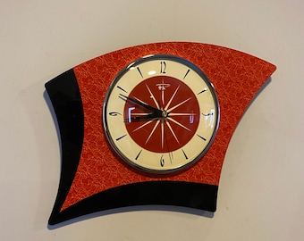 Colour Etched Asymmetric Formica Wall Clock from Royale - Midcentury Atomic Jetsons Retro style in Tomato Red & Black