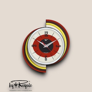 Mid-Century Modern Atomic Wall Clock: Tomato Red Royalexe Laminate, Handmade in UK