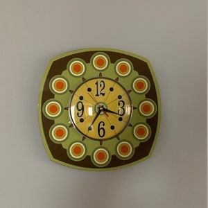 Handmade 1970's style Sunburst Large Formica Wall Clock in Avacado Dark Brown & with a Funky Bright Yellow Face from Royale