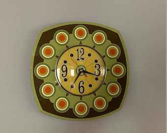 Handmade 1970's style Sunburst Large Formica Wall Clock in Avacado Dark Brown & with a Funky Bright Yellow Face from Royale