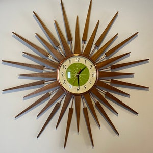 27 inch Hand Made Mid Century style Starburst Clock by Royale Seth Thomas style Mahogany Waxed Rays 1950&#39;s Chartreuse Face
