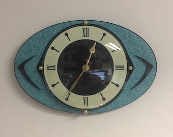 Lucite & Formica Wall Clock from Royale - Mid Century French Atomic Retro style - Naugahyde influenced with Boomerangs