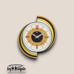 Mid-Century Modern Atomic Wall Clock: Royalexe Laminate, Burnt Gold
