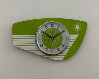 British Handmade Chartreuse & White Silent Royalexe Wall Clock from Royale - Midcentury French Atomic Retro style with Starburst Design