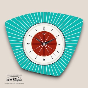Reloj de pared atómico de mediados de siglo hecho a mano: turquesa y rosa Starburst