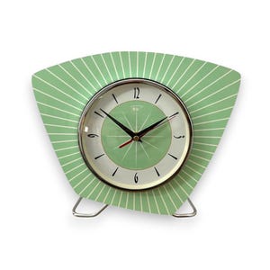 Mid Century Modern Mantle Clock Silent Asymmetric Design Jadeite Green British Made By Royale French Atomic Retro style