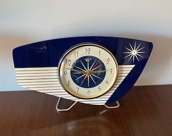 Handmade colour etched Formica Mantle Clock in Bronze Blue from Royale - Midcentury French Atomic Retro style with Starburst Design