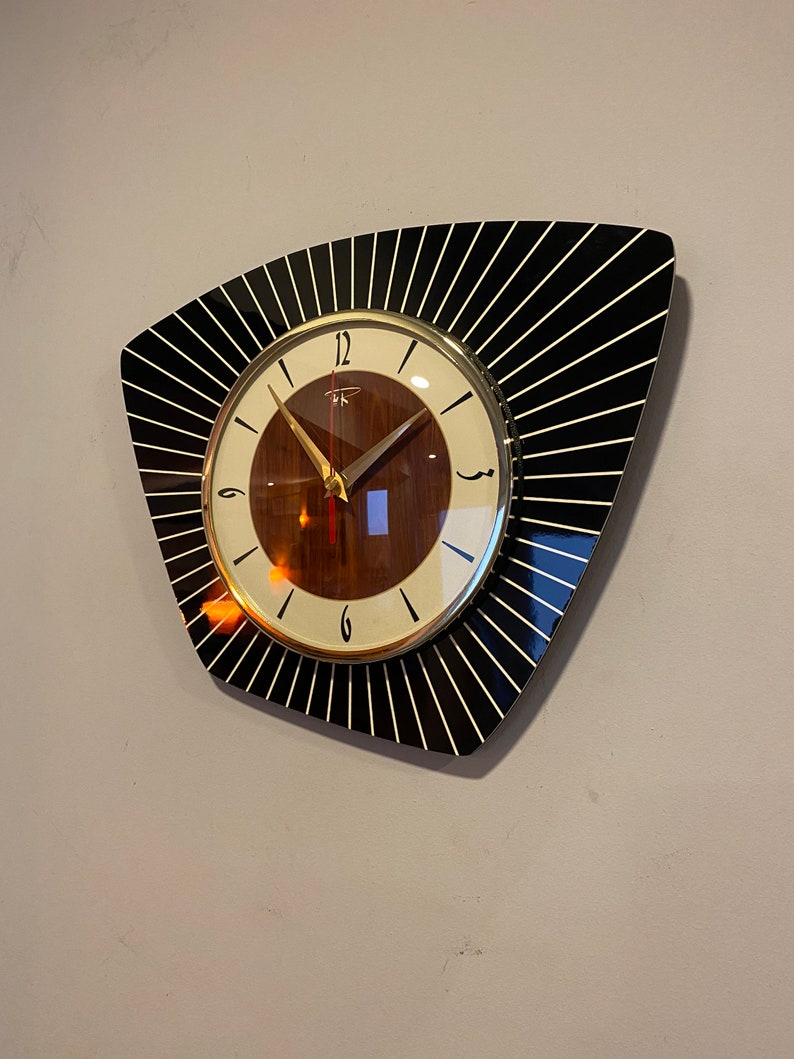 Midcentury Modern Handmade Asymmetric Millennial Wall Clock in BlackCream & Faux Walnut by Royale French Atomic Retro style image 3