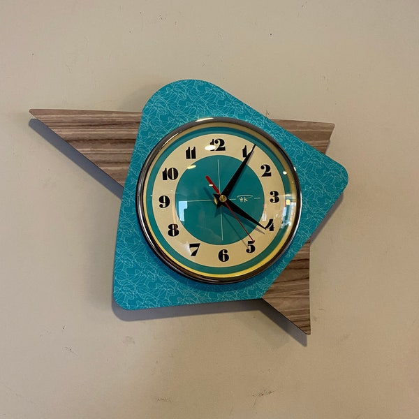 Handmade Asymmetric Formica Wall Clock in Turquoise & Grey Faux Walnut from Royale Midcentury Atomic Retro style