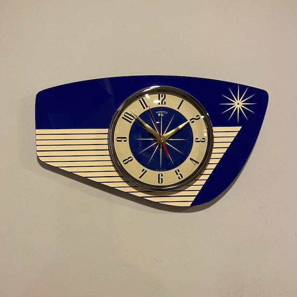 Handmade Theatre Blue Formica Wall Clock from Royale - Midcentury French Atomic Retro style with Starburst Formica Design