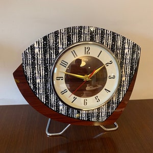 Handmade Mantle Clock from Royale - Midcentury French Atomic Retro style in Faux Dark Walnut Black & Cream