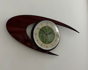 Large Royalexe Laminate Wall Clock from Royale - Midcentury Atomic Boomerang Retro style in Faux Dark Walnut & Avacado Starburst Face