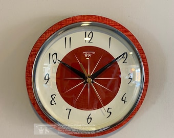 Colour Etched Formica Caravan Kitchen Wall Clock from Royale - Midcentury Atomic Jetsons Retro style in Tomato Red