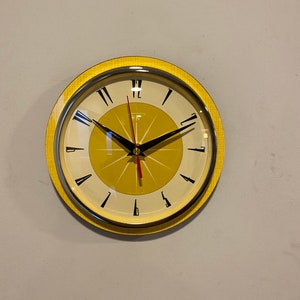 Colour Etched Formica Caravan Kitchen Wall Clock from Royale - Midcentury Atomic Jetsons Retro style in Bumble Yellow