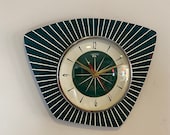 Asymmetric Midcentury style Caravan Wall Clock in Teal Green with Starburst Dial from Royale - 1950 39 s Atomic Retro.