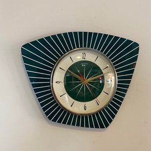 Asymmetric Midcentury style Caravan Wall Clock in Teal Green with Starburst Dial from Royale - 1950&#39;s Atomic Retro.