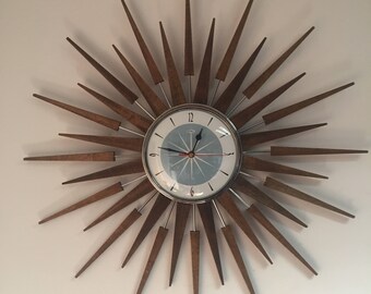 Large 27 inch Hand Made Mid Century style Starburst Sunburst Clock by Royale Seth Thomas style in Dove Grey
