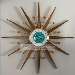 27 inch Hand Made Mid Century style Starburst Sunburst Clock by Royale - Welby style Medium Teak Rays & with Turquoise Dial