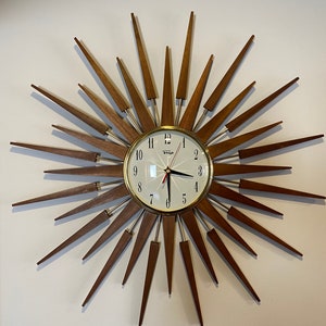 Large 27 inch Hand Made Mid Century style Starburst Sunburst Clock by Royale Seth Thomas style in Silver Grey