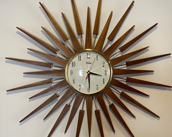 Large 27 inch Hand Made Mid Century style Starburst Sunburst Clock by Royale Seth Thomas style in Silver Grey