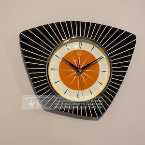 Royalexe Laminated Asymmetric Wall Clock from Royale - Midcentury French Retro style in Black & Tangerine