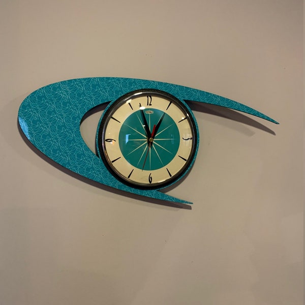 Colour Etched Lucite Formica Wall Clock from Royale - Midcentury Atomic Boomerang Retro style in Turquoise