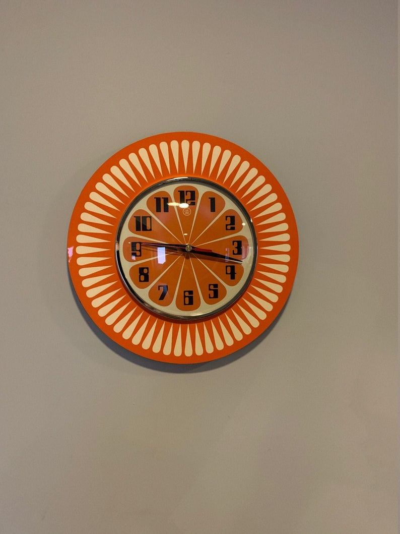 Handmade 1970's style Sunburst Orange Formica Wall Clock in Orange & with a Funky Bright Orange Segment Face from Royale image 1