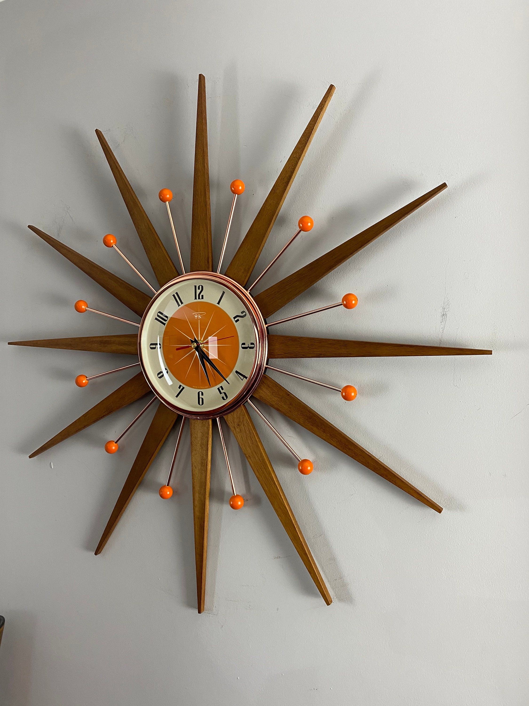 Handmade Mid Century Starburst Clock: Teak Rays, Tangerine Dial