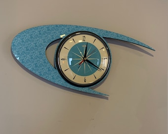 Colour Etched Lucite Formica Wall Clock from Royale - Midcentury Atomic Boomerang Retro style in Smeg Sky Blue