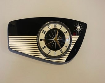 Handmade Black & Cream Wall Clock from Royale - Midcentury French Atomic Retro style with Starburst Formica Design