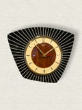 Midcentury Modern Handmade Asymmetric Millennial Wall Clock in BlackCream & Faux Walnut by Royale -  French Atomic Retro style