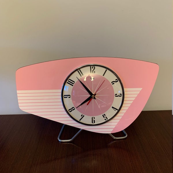 Handmade colour etched Formica Mantle Clock in Pink from Royale - Midcentury French Atomic Retro style