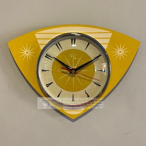 Colour Etched Trianguloid Lucite Formica Caravan Wall Clock from Royale - Midcentury Atomic Jetsons Retro style Yellow & Cream