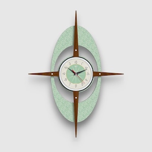 Top Selling Large 27&quot; Mint Green Royalexe Laminate Mid Century style Starburst Clock by Royale 1950s Gambit Face & Solid Teak Wood Rays