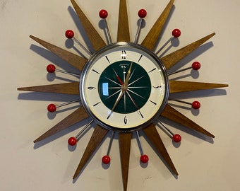 Small 19 inch Hand Made Mid Century style Starburst Clock by Royale - Hand Waxed Medium Teak Rays Teal Dial & Red Balls