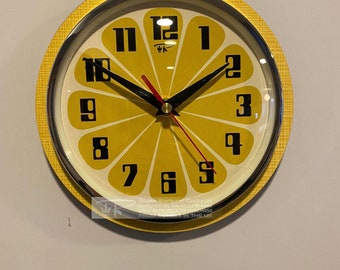 Colour Etched Formica Caravan Kitchen Wall Clock from Royale Midcentury Atomic Jetsons Retro style in Honeydew Yellow Face 14