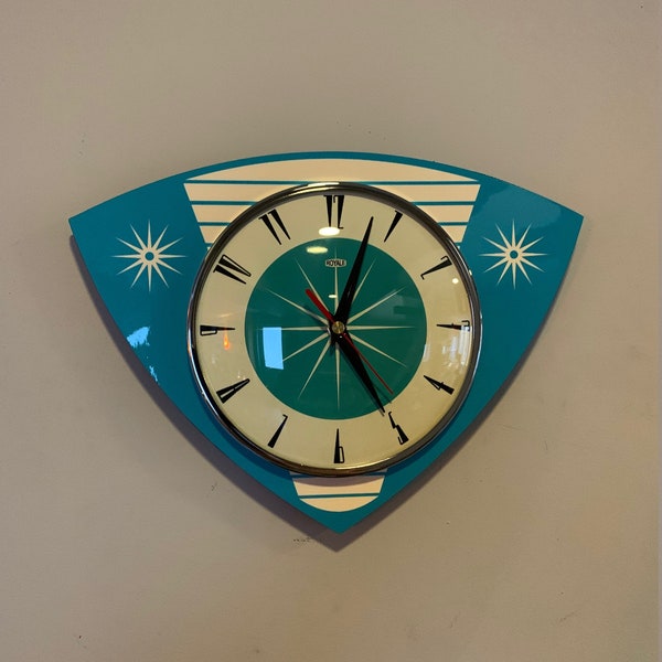 Colour Etched Trianguloid Lucite Formica Caravan Wall Clock from Royale - Midcentury Atomic Jetsons Retro style Turquoise & Cream