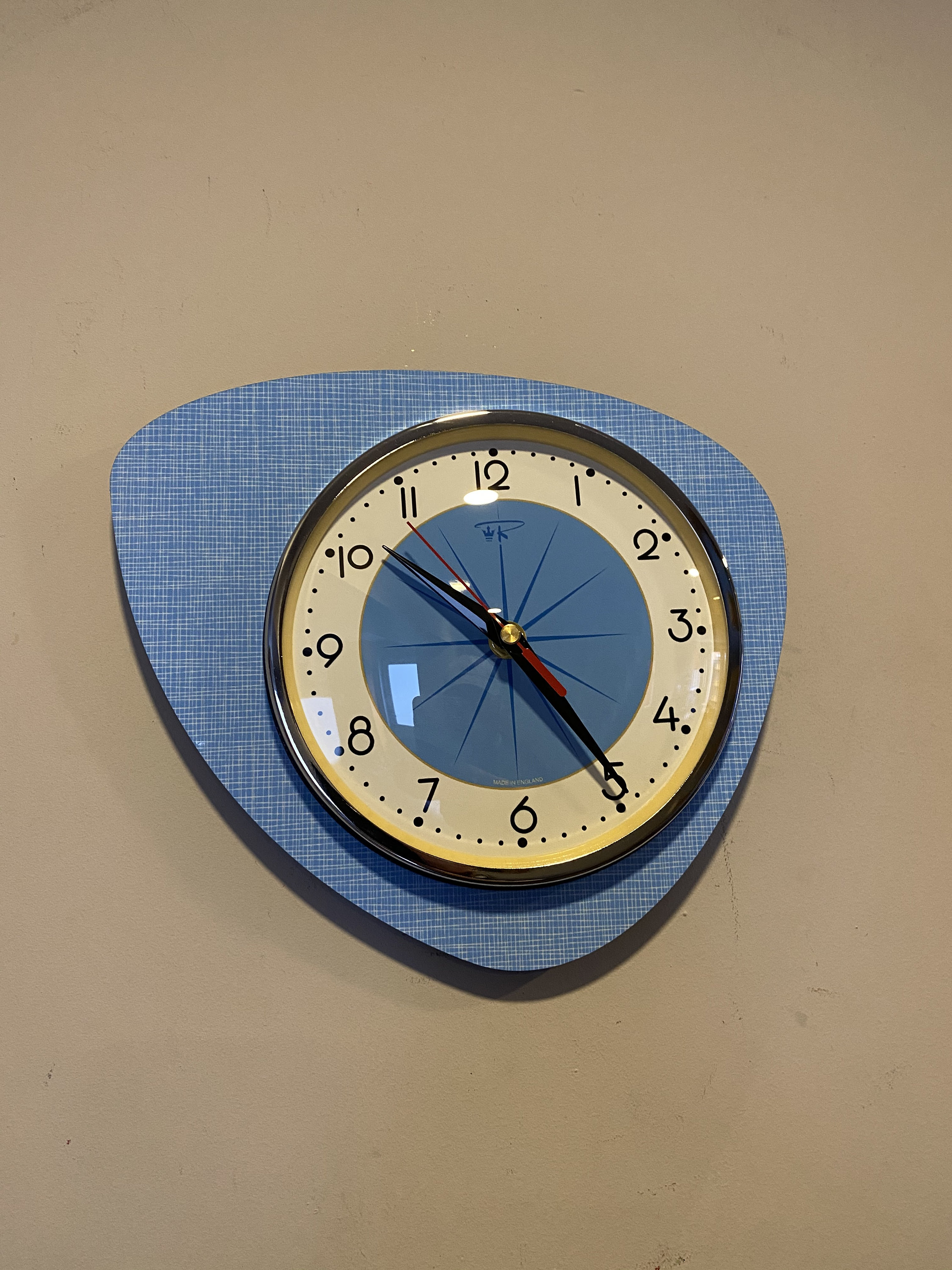 Handmade Asymmetric Queens Gambit style Wall Clock in Ice Blue with Starburst Dial from Royale - Midcentury French Atomic Retro.