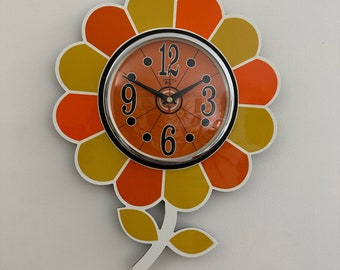 British Made Laminate Kitchen Wall Clock by Royale - Midcentury Modern Retro style influenced by 1970's in Tangerine Yellow