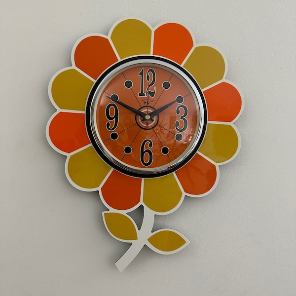 British Made Laminate Kitchen Wall Clock by Royale - Midcentury Modern Retro style influenced by 1970's in Tangerine Yellow