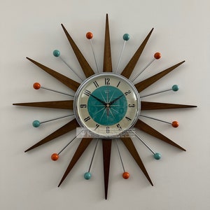 British Hand Made 21" Mid Century style Starburst Clock by Royale Welby style Medium Teak Rays with Turquoise Dial Tangerine Turquoise balls