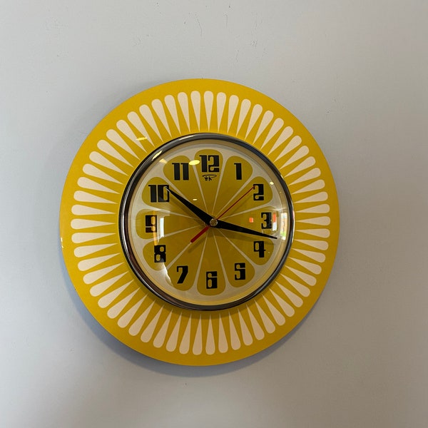 Handmade 1970's style Daisy Yellow Formica Wall Clock in Orange & with a Funky Daisy Yellow Segment Face from Royale