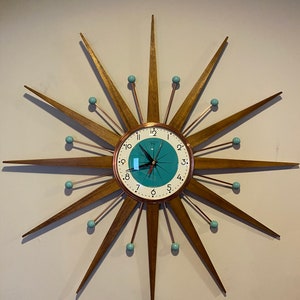 26 inch Hand Made Mid Century style Starburst Clock by Royale - 1950s Turquoise Face, Medium Teak Wood Rays & Turquoise Balls