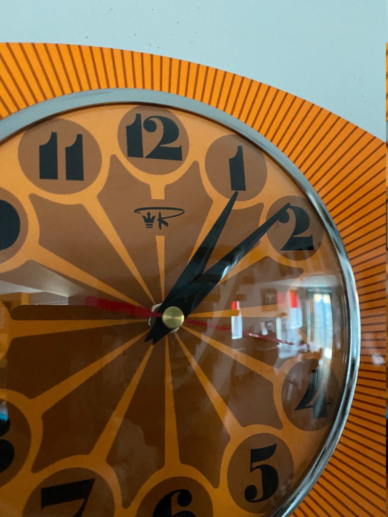 Formica Lucite Asymmetric Wall Clock from Royale 1970's Retro style in Tangerine Orange image 4